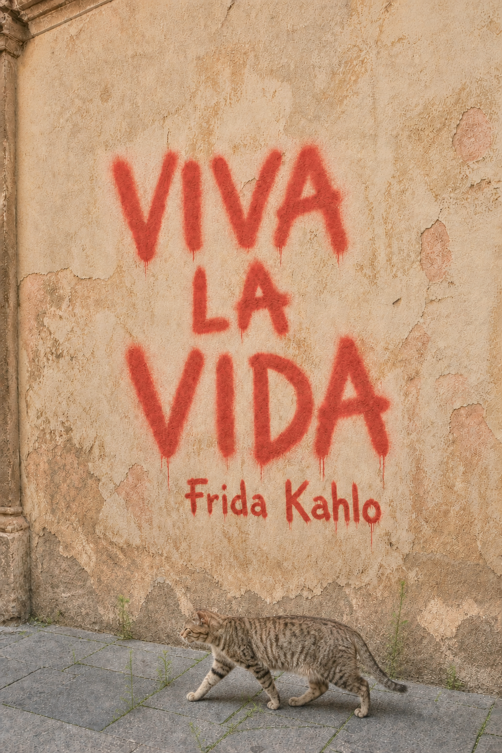 Grafiti Viva la Vida, atribuido a Frida Kahlo, junto a un gato y pequeños brotes verdes